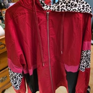 Vibrant Red Women's Bomber Jacket with Leopard Accents